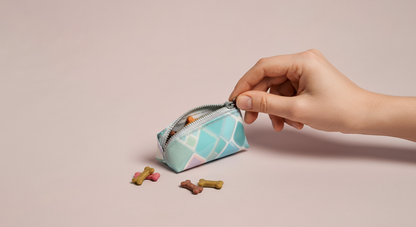 飼い主がおやつが入ったポーチのチャックを閉めている手元の写真。トラブル防止を象徴している。