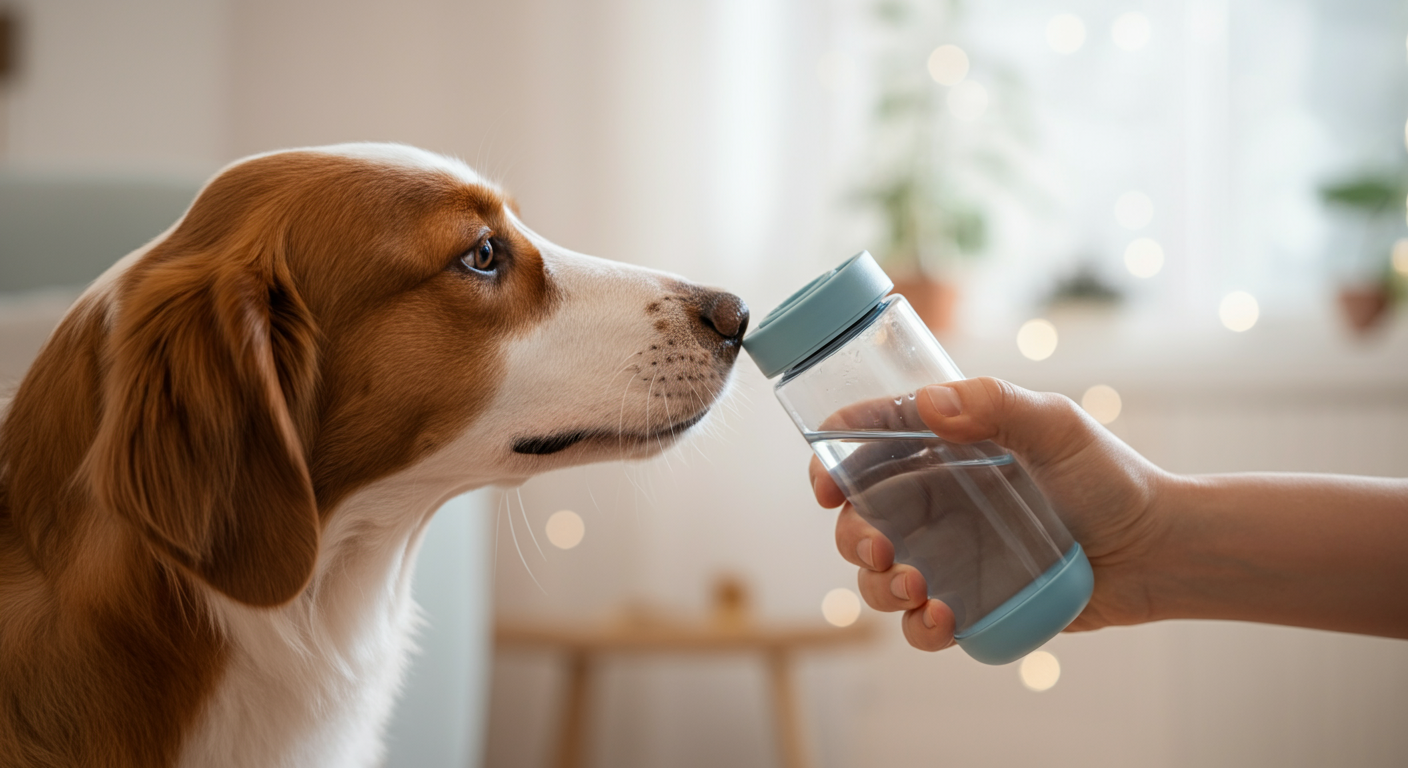 家の中で、飼い主がおやつを使って犬を給水ボトルに慣れさせている様子。