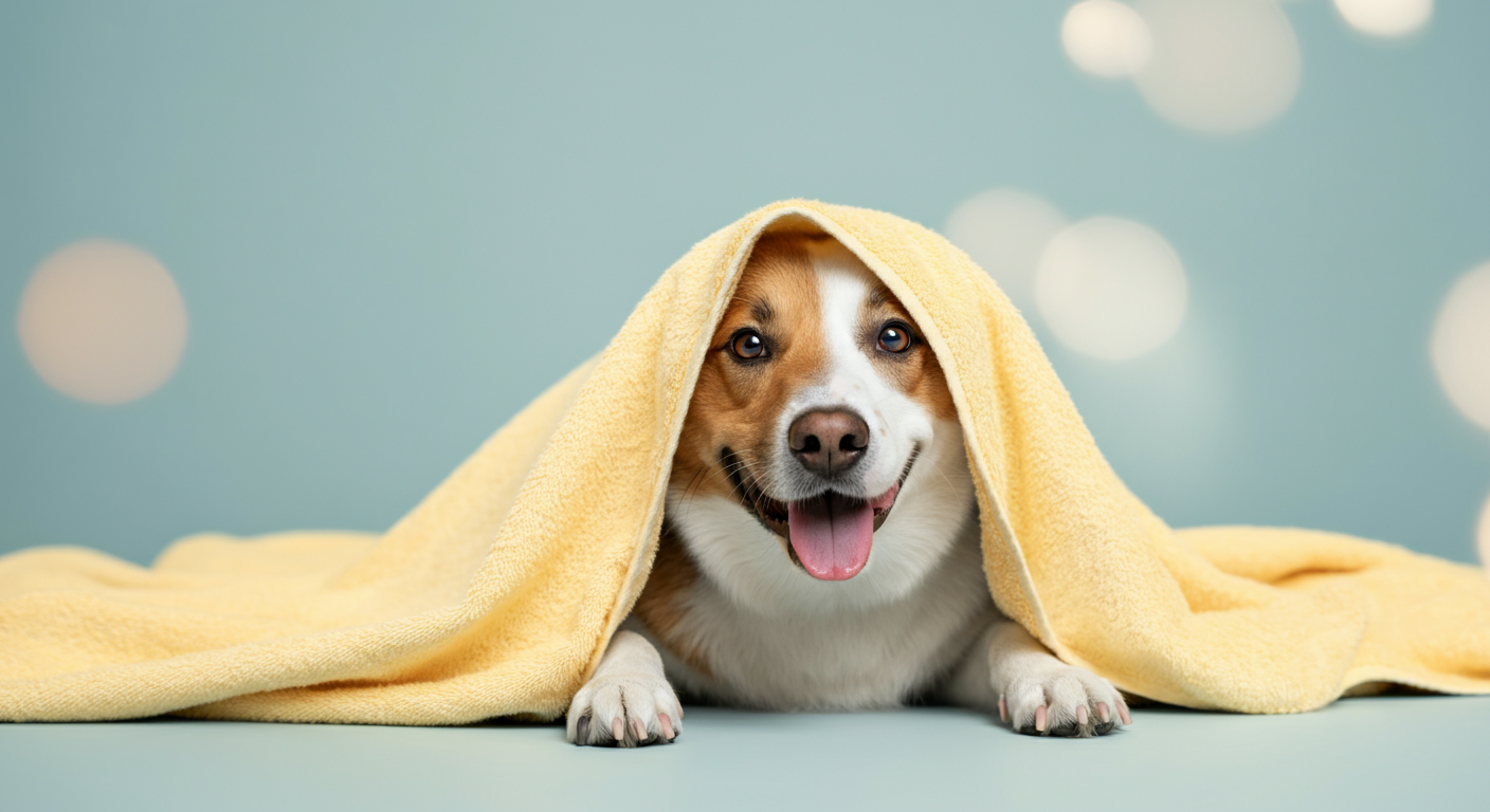 大きな黄色いタオルの下から犬が楽しそうに鼻先だけを出している様子