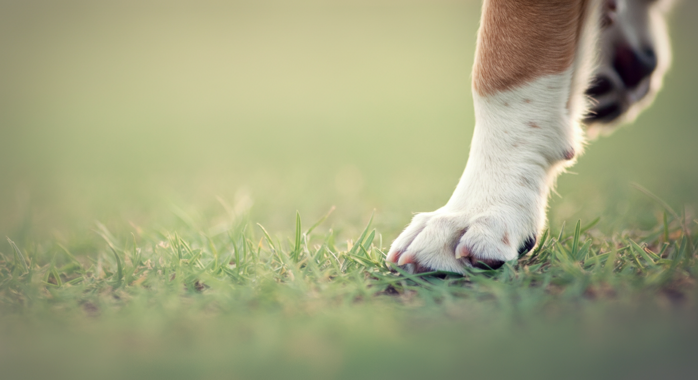 柔らかな緑の芝生に触れる直前の犬の肉球のクローズアップ写真。