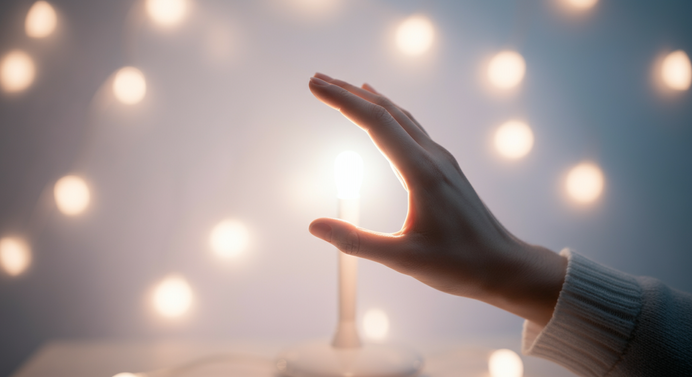 人の手が小さな明るいライトを優しく覆っている。他者への配慮を象徴するイメージ。
