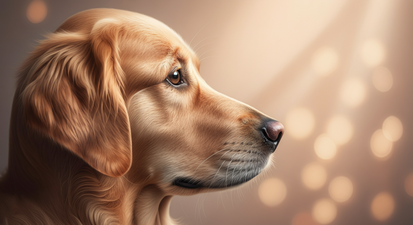 暖色の穏やかな光に照らされる犬の穏やかな横顔