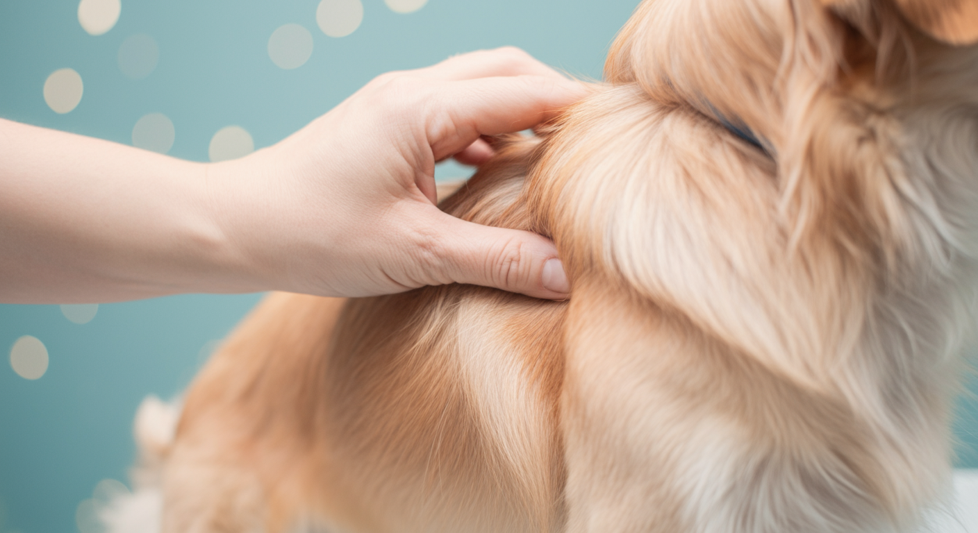 獣医師が犬の毛をかき分けて皮膚を優しくチェックしている様子を捉えた写真。