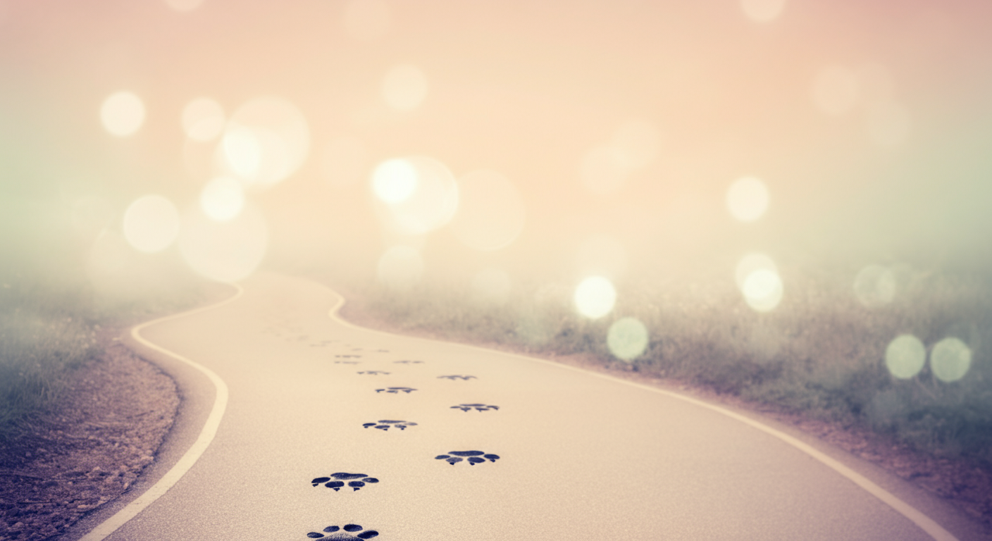 遠くへと緩やかにカーブする小道。片側には一匹分の足跡だけがついており、自分のペースで進む様子を表す。