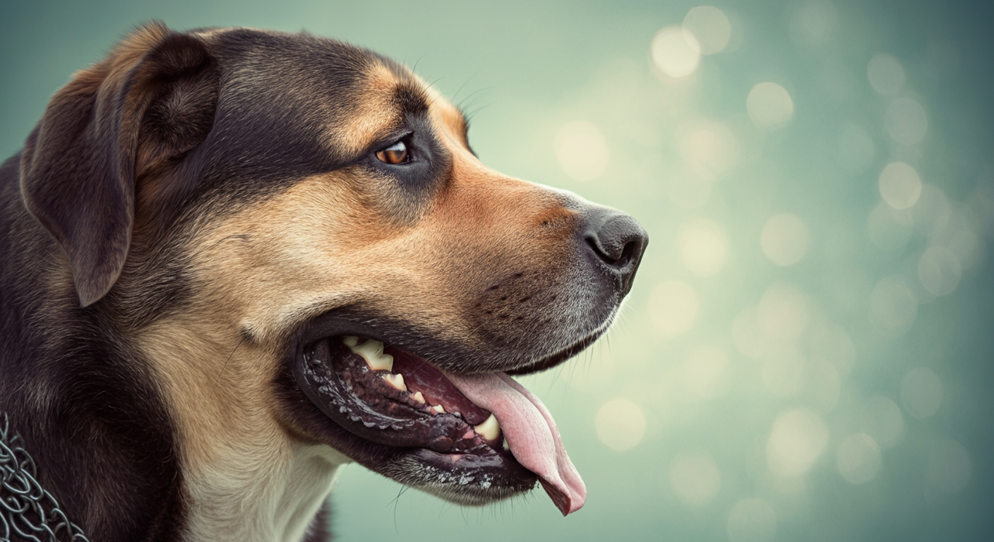 パステル調の光の中、大きく口を開けてハァハァと息をしている大型犬の横顔の抽象的なクローズアップ。