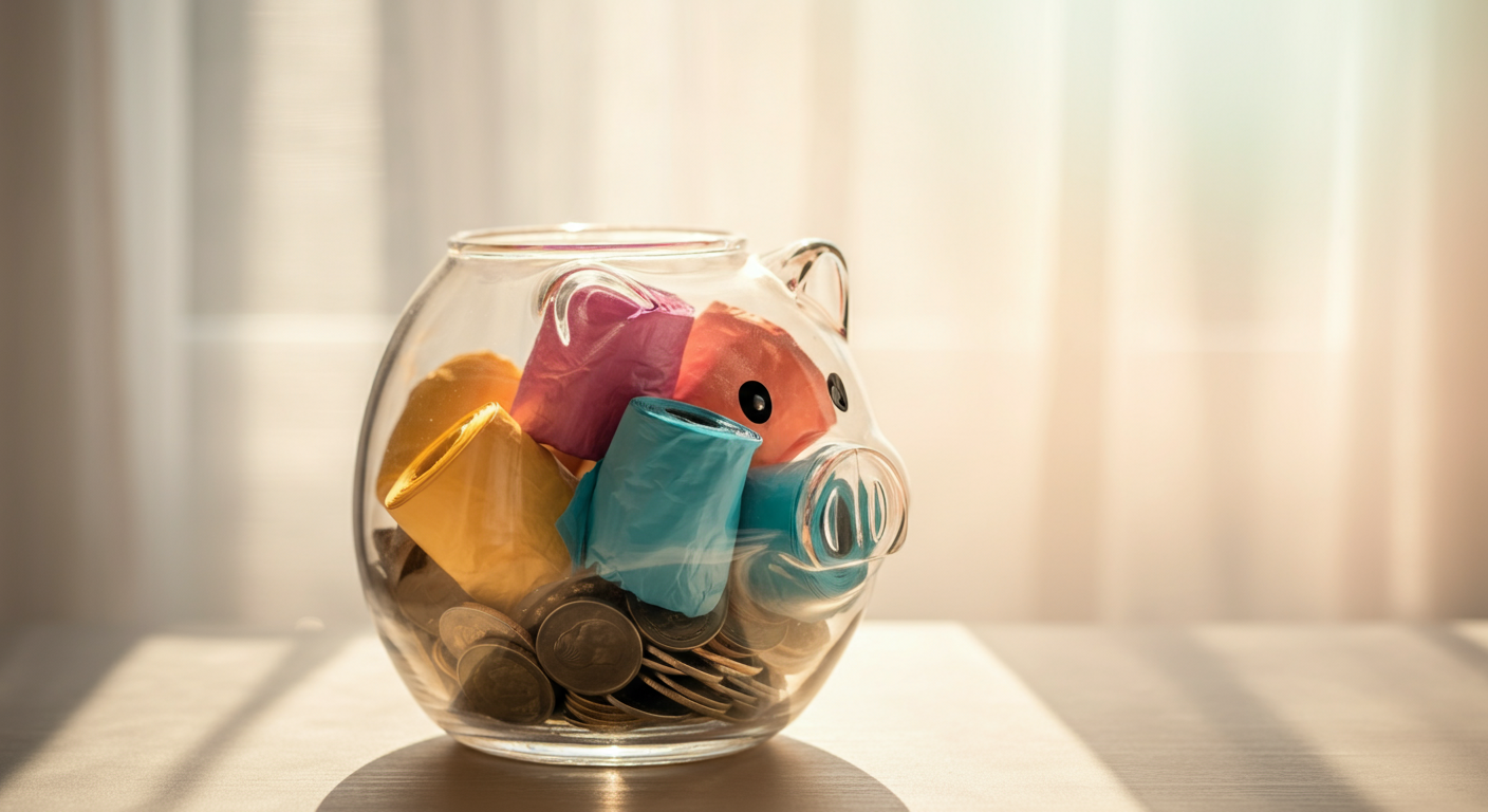 透明なガラスの貯金箱の中に、お金の代わりにカラフルなうんち袋のロールが入っている、賢い選択を象徴する写真。