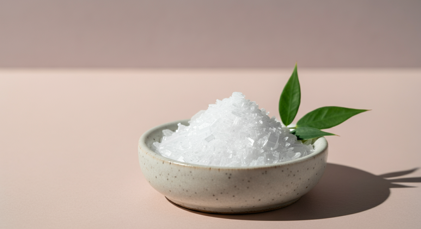 パステルカラーの背景に置かれた、白いセラミックボウルに入った純白のMSM結晶のマクロ撮影。