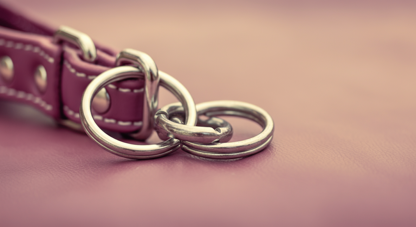 迷子札と首輪を繋ぐ、頑丈で隙間のない二重リングの接合部分を撮影したマクロ写真。