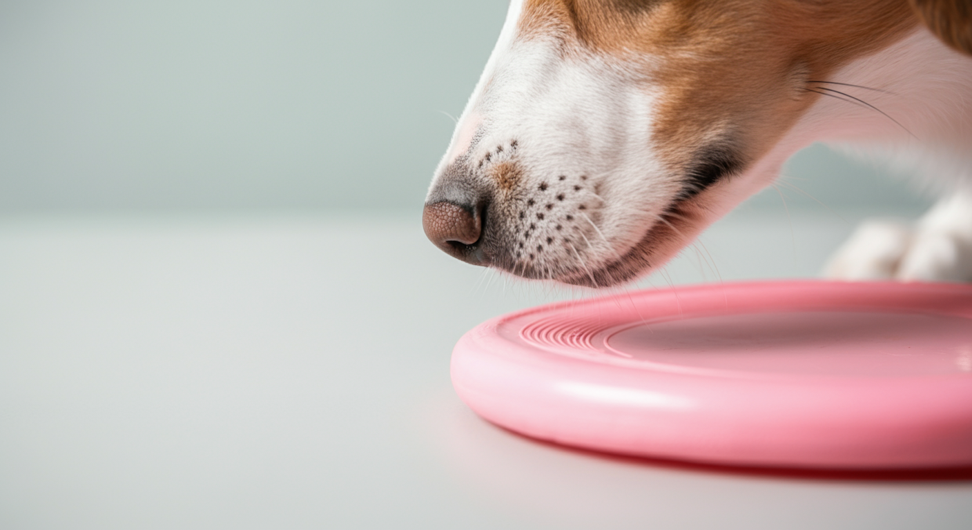 パステルピンクのフリスビーの匂いを嗅ぐ犬の鼻先のクローズアップ写真