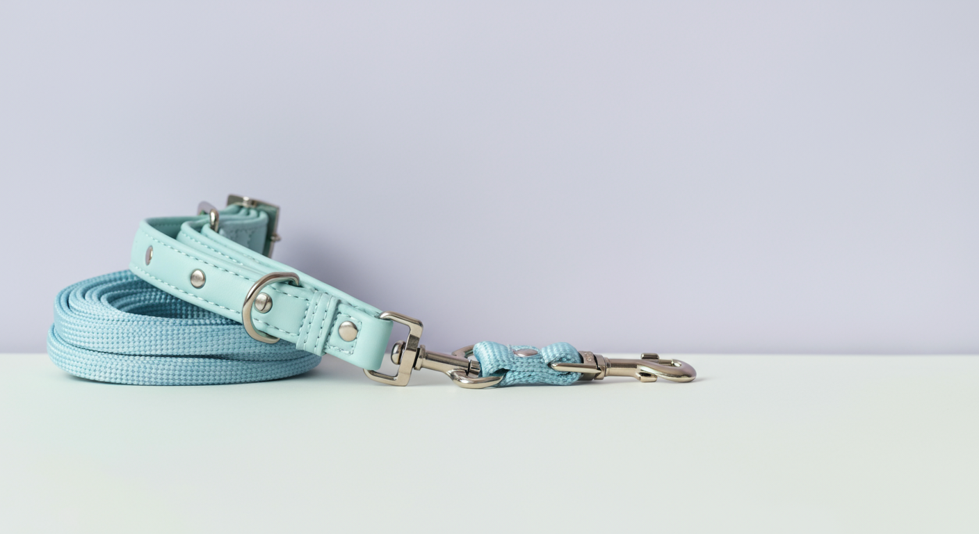白い背景の上にきれいに置かれた、新品のパステルブルーのリードと首輪。