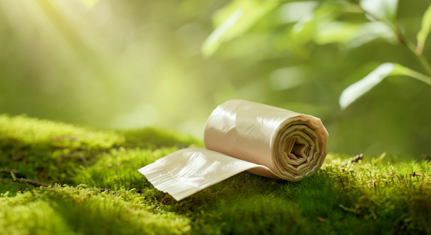 柔らかな苔の上に置かれた、トウモロコシ由来の生分解性うんち袋。自然に還るイメージを表現。