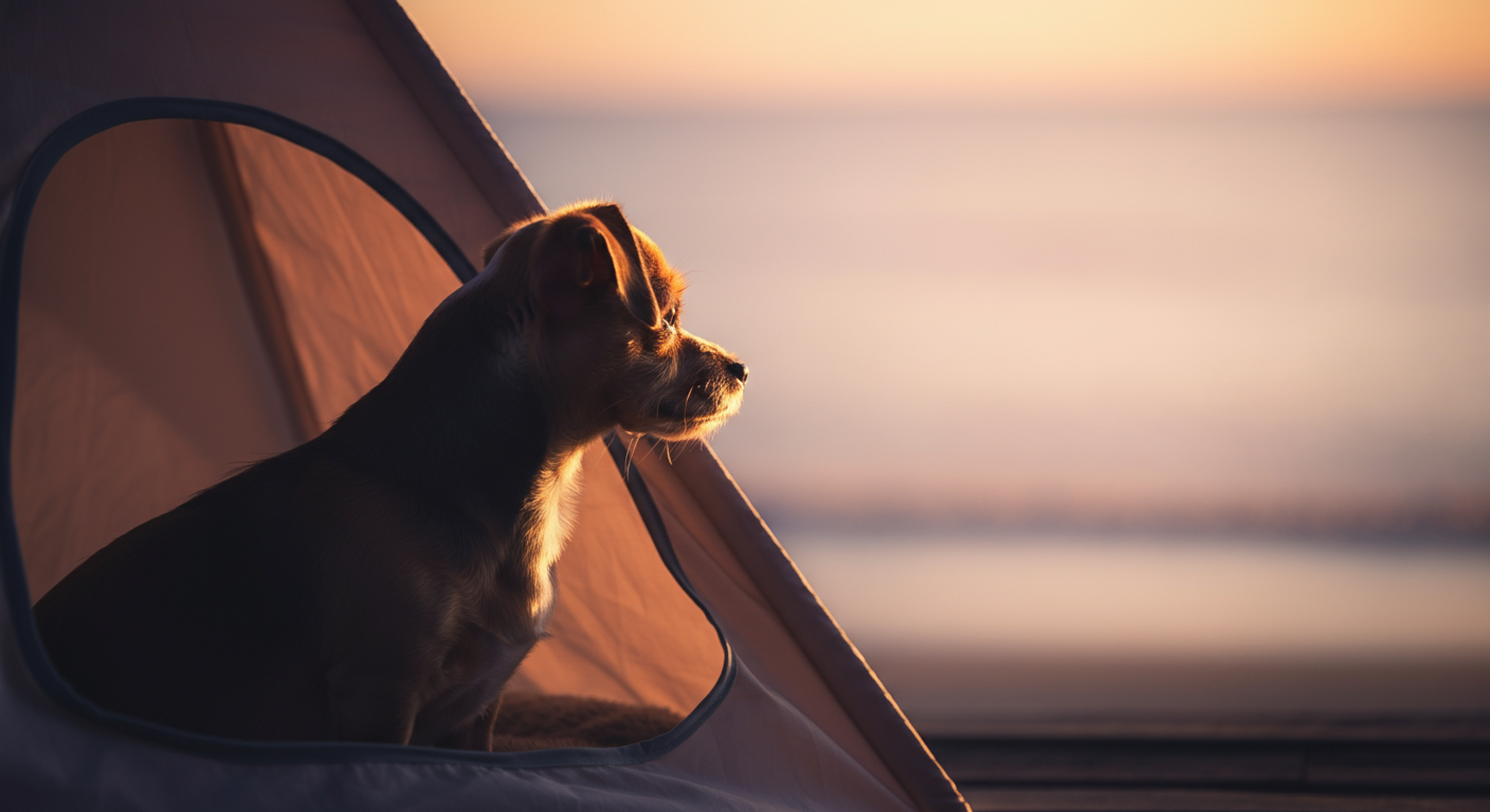 ビーチに設置された日除けテントの中から、犬が夕日を眺めているシルエット。