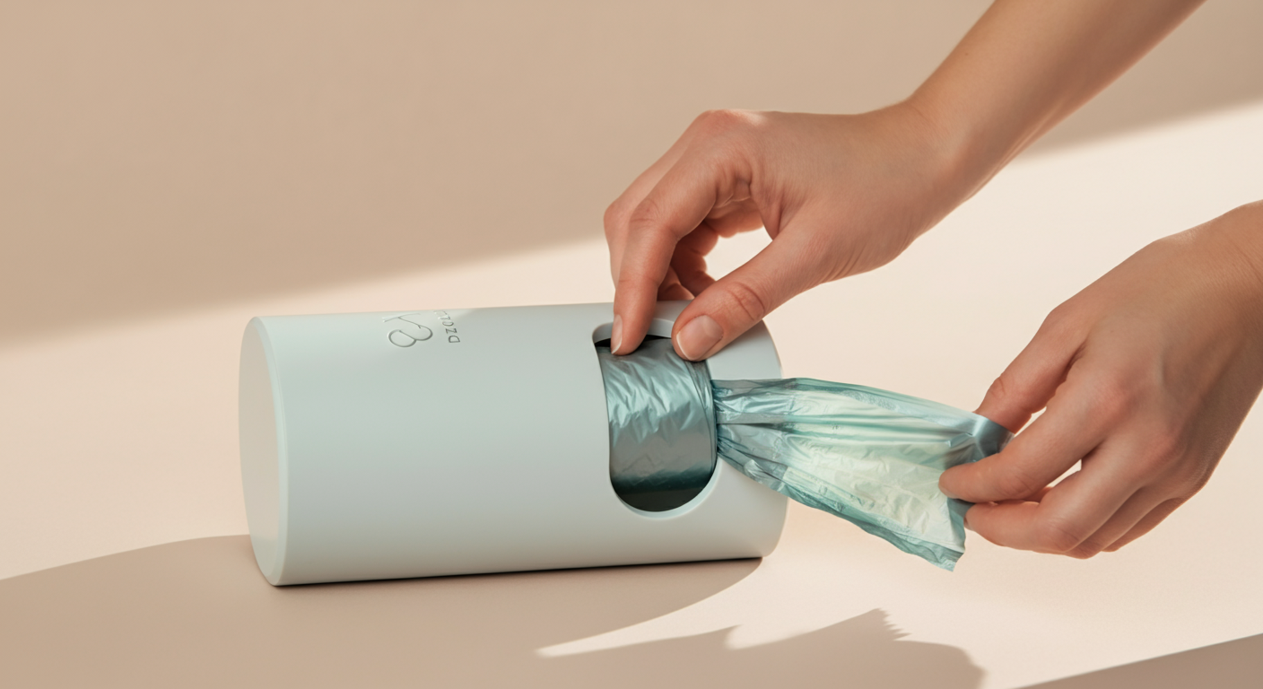 生分解性のうんち袋のロールを、お洒落なディスペンサーにセットしている丁寧な手元。