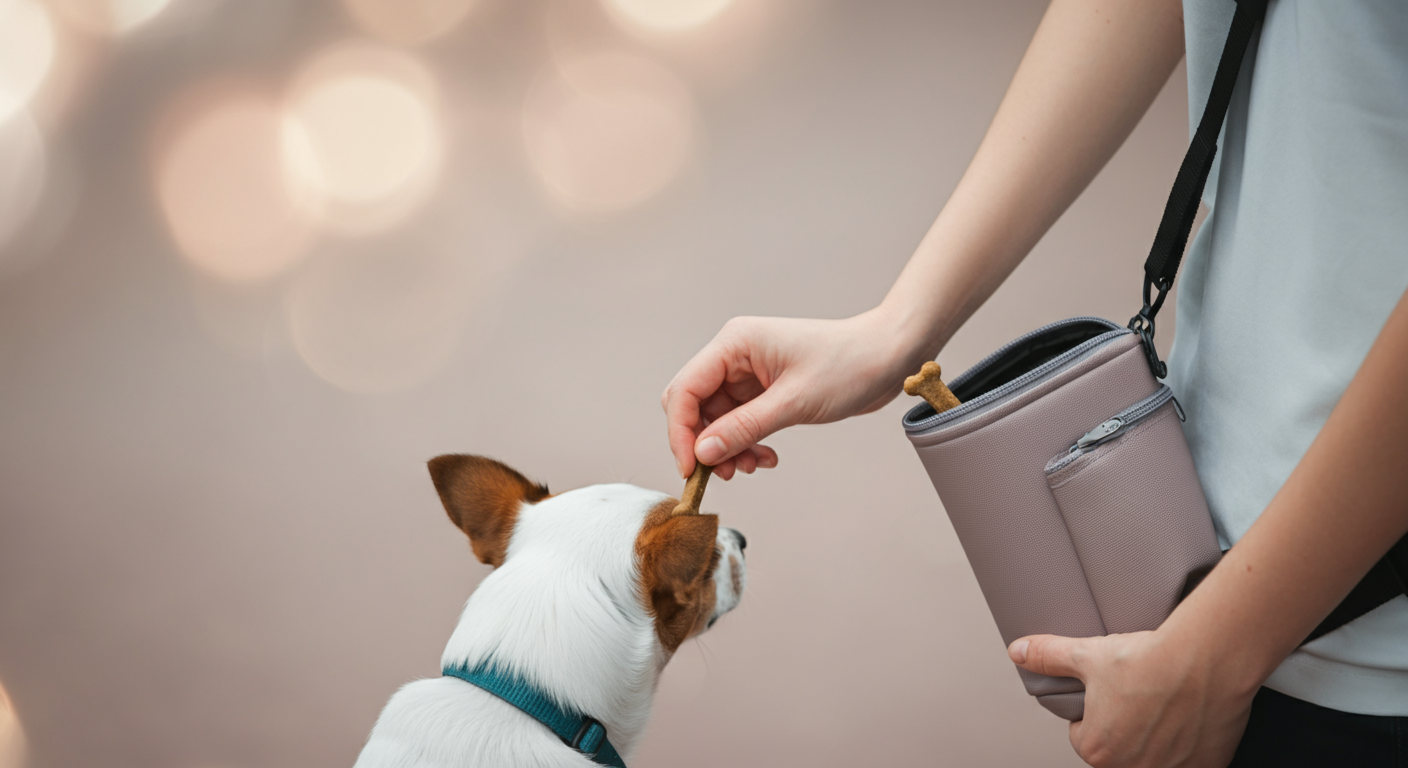 体にフィットしたトリーツポーチから、もう片方の手へ素早く静かにトリーツを移している様子のクローズアップ。