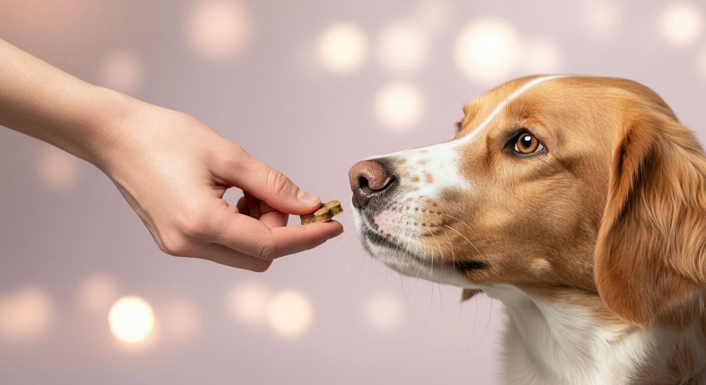 人の手が犬におやつを優しく差し出している抽象的な写真。ポジティブな交換トレーニングを象徴している。