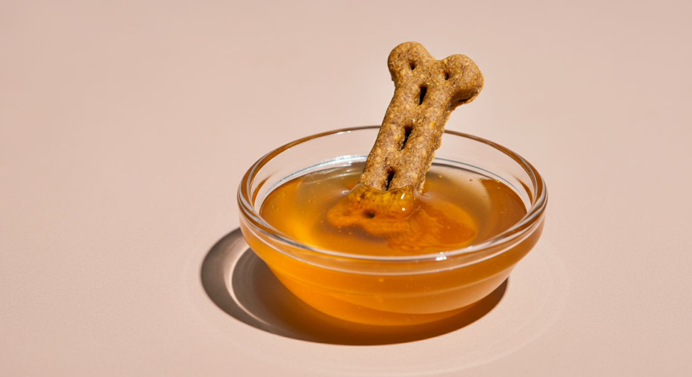 オリゴ糖をイメージした透明な液体が入ったガラスの器とドッグトリーツ