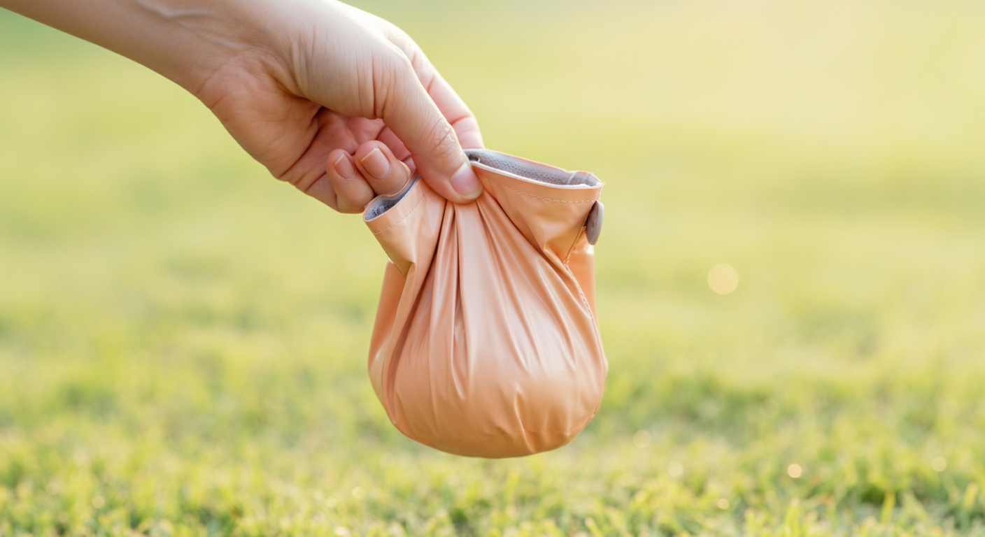 マチ付きで大きく開くピーチ色のうんち袋を片手で広げている様子。背景の芝生が美しくぼけている。