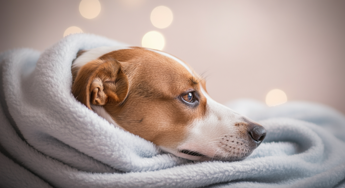 柔らかいブランケットに気持ちよさそうに顔をうずめている犬のクローズアップ写真。