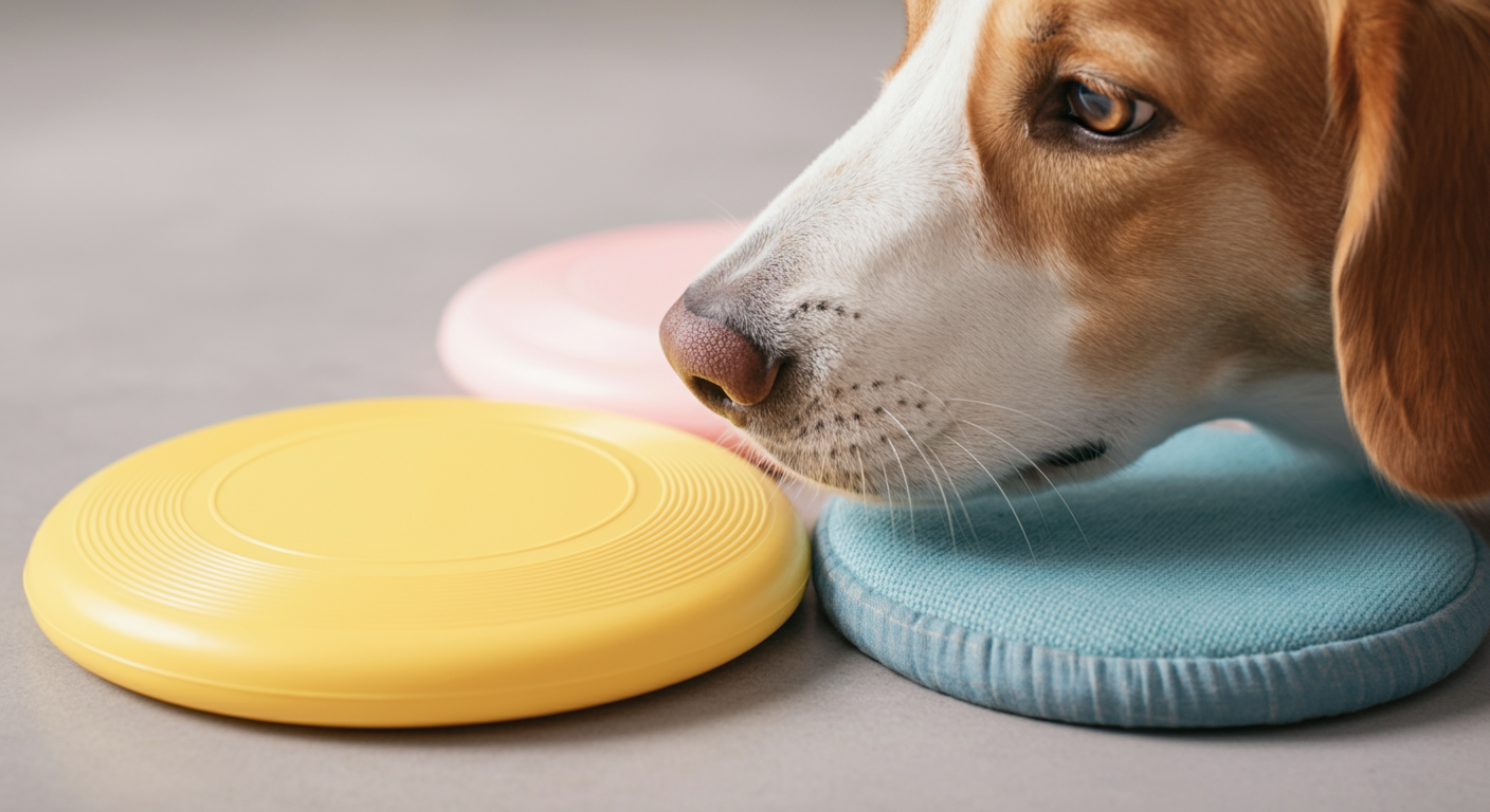 硬いプラスチック製と柔らかい布製の2種類のフリスビーを、犬が鼻先で慎重に匂いを嗅ぎ分けているクローズアップ写真。