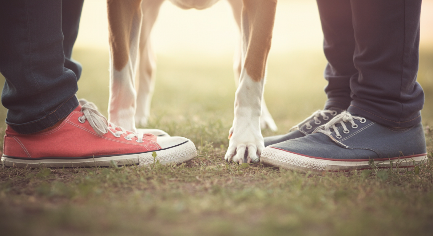 芝生の上に立つ二人の人間の足元と、そのそばにいる一匹の犬の足が写っている抽象的な構図。