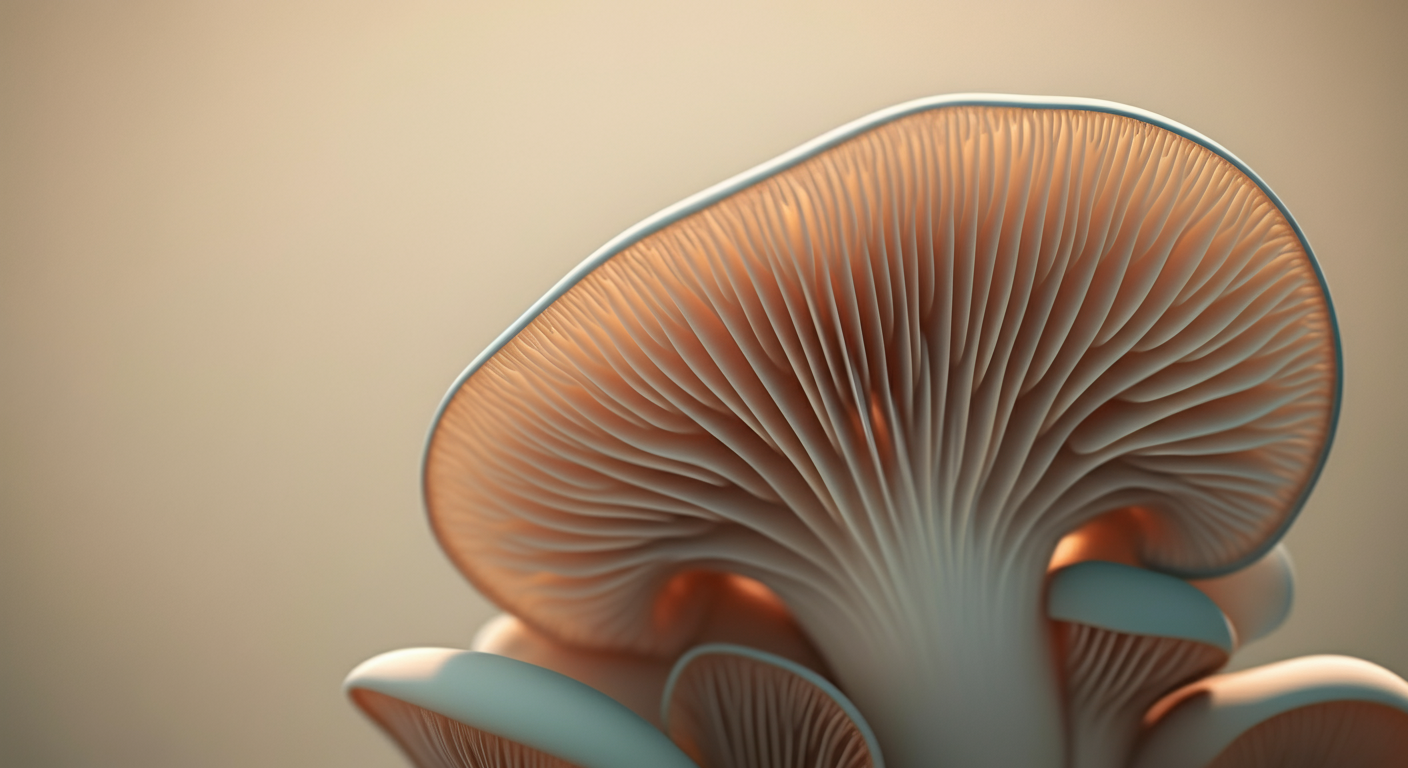 柔らかい光の中で輝く、美しいキノコのひだのマクロ撮影。パステルカラーのミニマルで抽象的な写真。