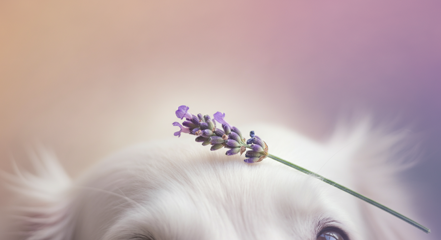 犬の白い毛の上に置かれた一輪のラベンダーのマクロ写真。背景はパステルカラーでぼけている。