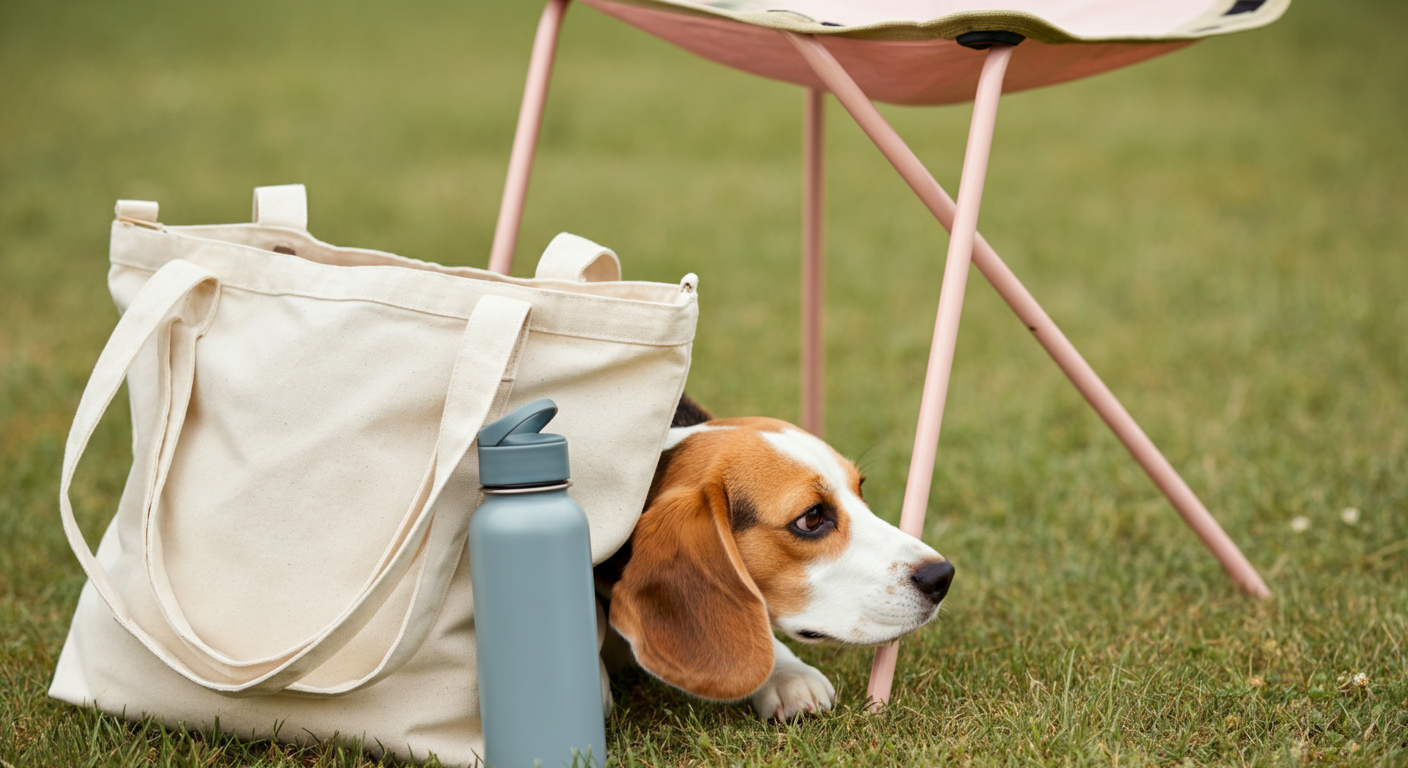 ピンクの折りたたみ椅子の下に置かれたトートバッグと水筒。一匹のビーグルの鼻先がバッグの匂いをかいでいる。