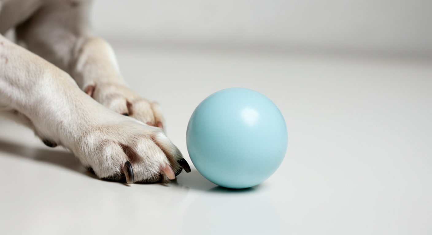 パステルブルーのボールにそっと触れる犬の前足のクローズアップ写真。