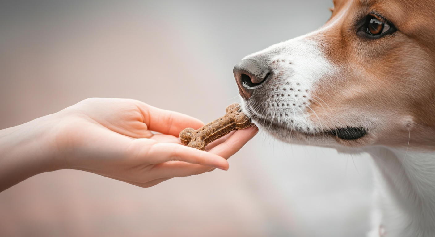 飼い主の手からおやつを受け取ろうとする犬の鼻先のクローズアップ