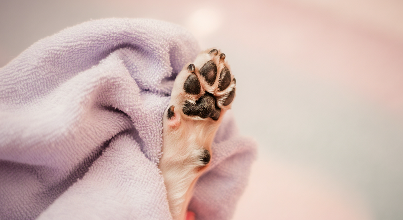 柔らかいパステルカラーのタオルで優しく拭かれている犬の足