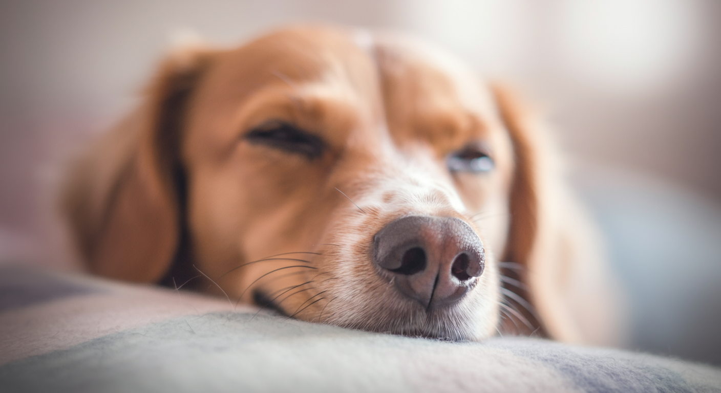 ドッグランから帰宅し、ブランケットの上で安らかに眠る犬の鼻先のクローズアップ写真。