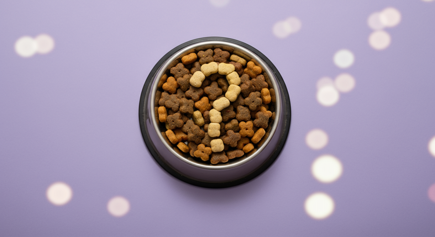 犬用のフードボウルの中に、おやつでできたクエスチョンマークが置かれている