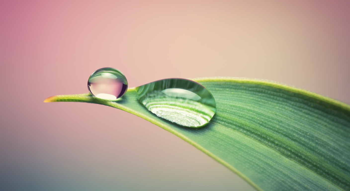 パステルカラーの背景で、葉の先に水滴が一つ、静かに乗っている様子のマクロ写真。