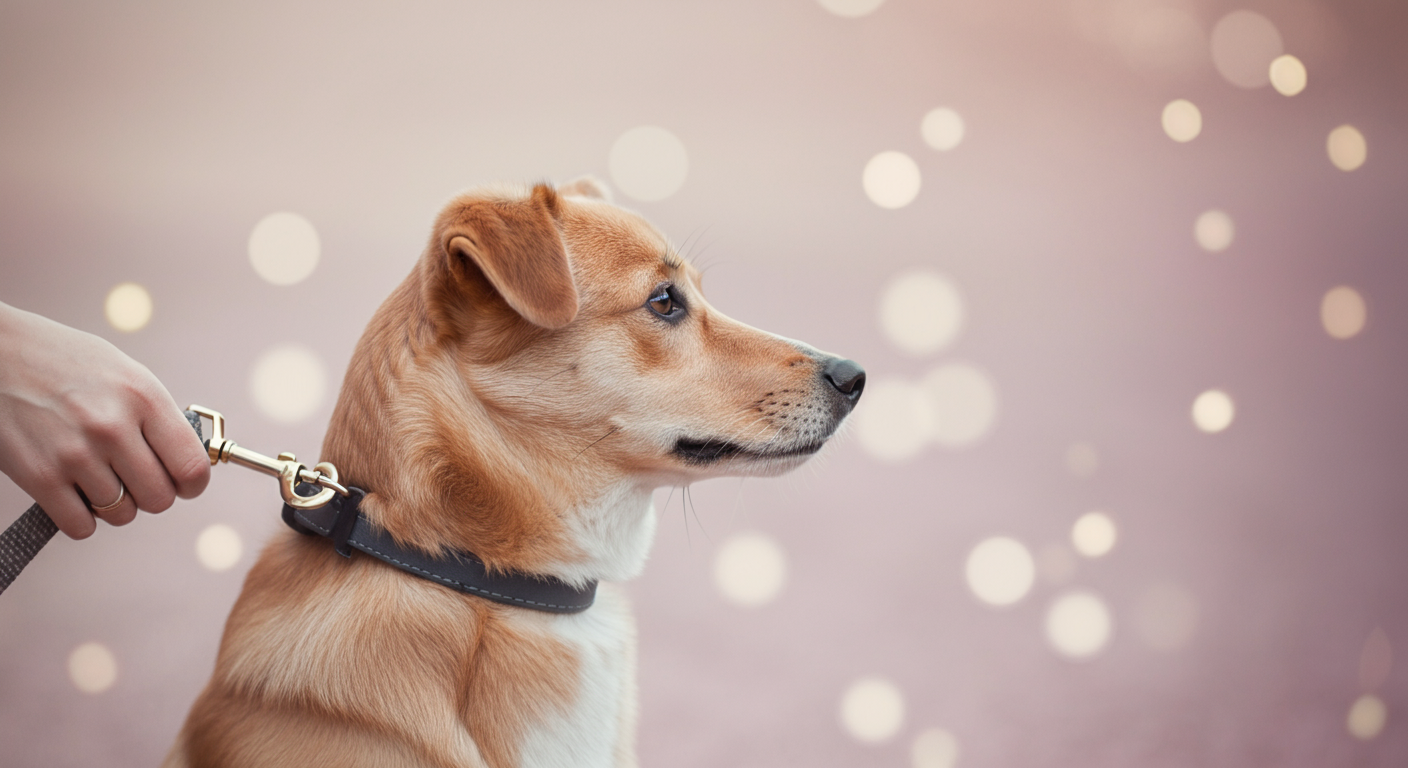 飼い主が犬の首輪に優しくリードを取り付けている手元のアップ。遊びの終わりと落ち着いた撤収を象徴している。