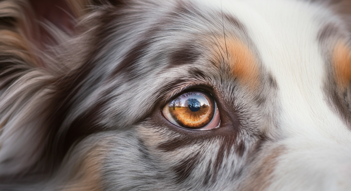 公園の風景を映すボーダーコリーの瞳のクローズアップ写真。