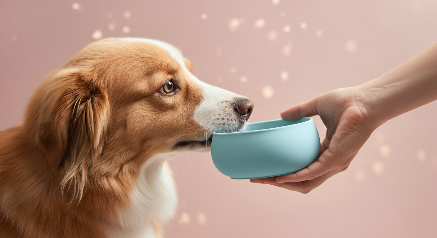 飼い主が犬に優しく水飲みボウルを差し出しているシーン