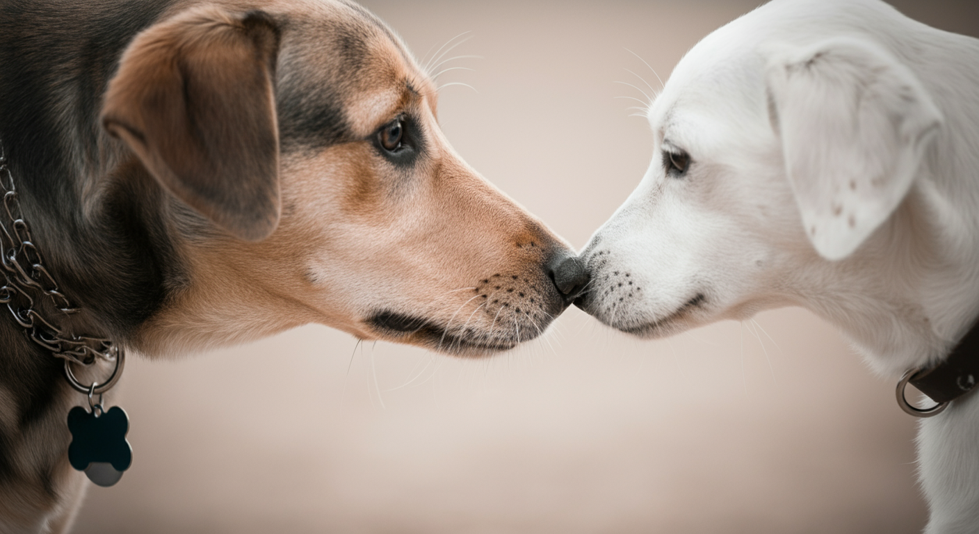 他の犬の首輪のタグの匂いを慎重に嗅いでいる犬の鼻先のクローズアップ