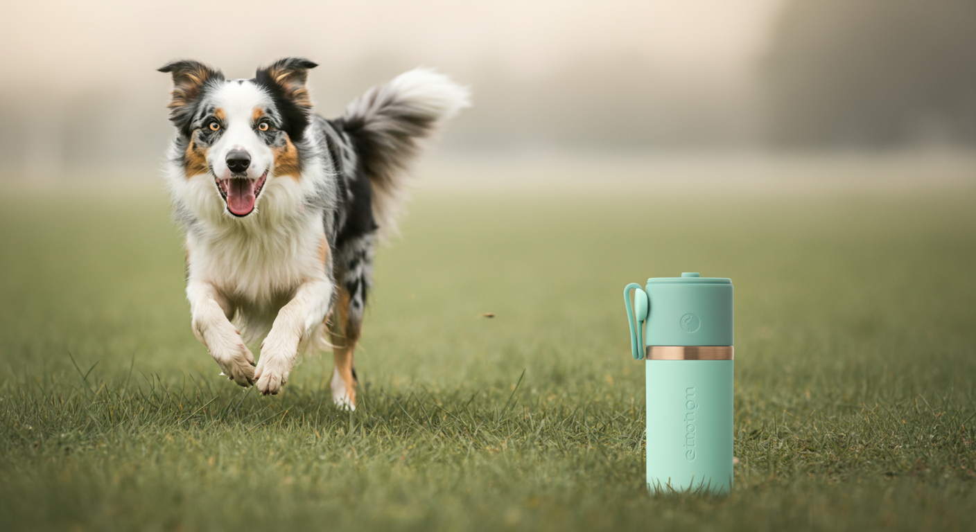 ドッグランの芝生の上に置かれたミントグリーンの犬用給水ボトル。背景では犬が元気に走っている。