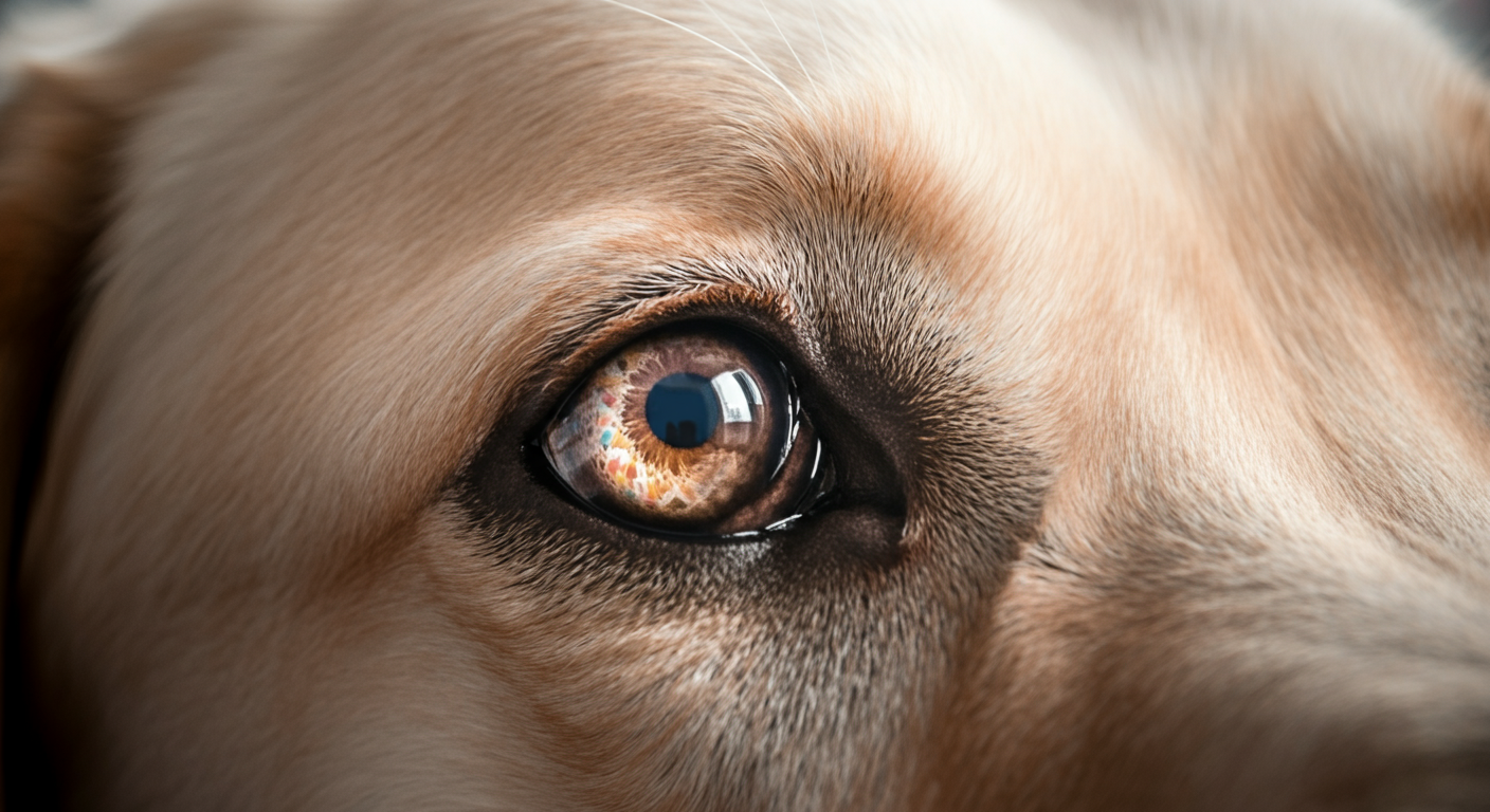 ボールを映し出すラブラドールレトリバーの瞳のマクロ写真。強い集中力を表現している。