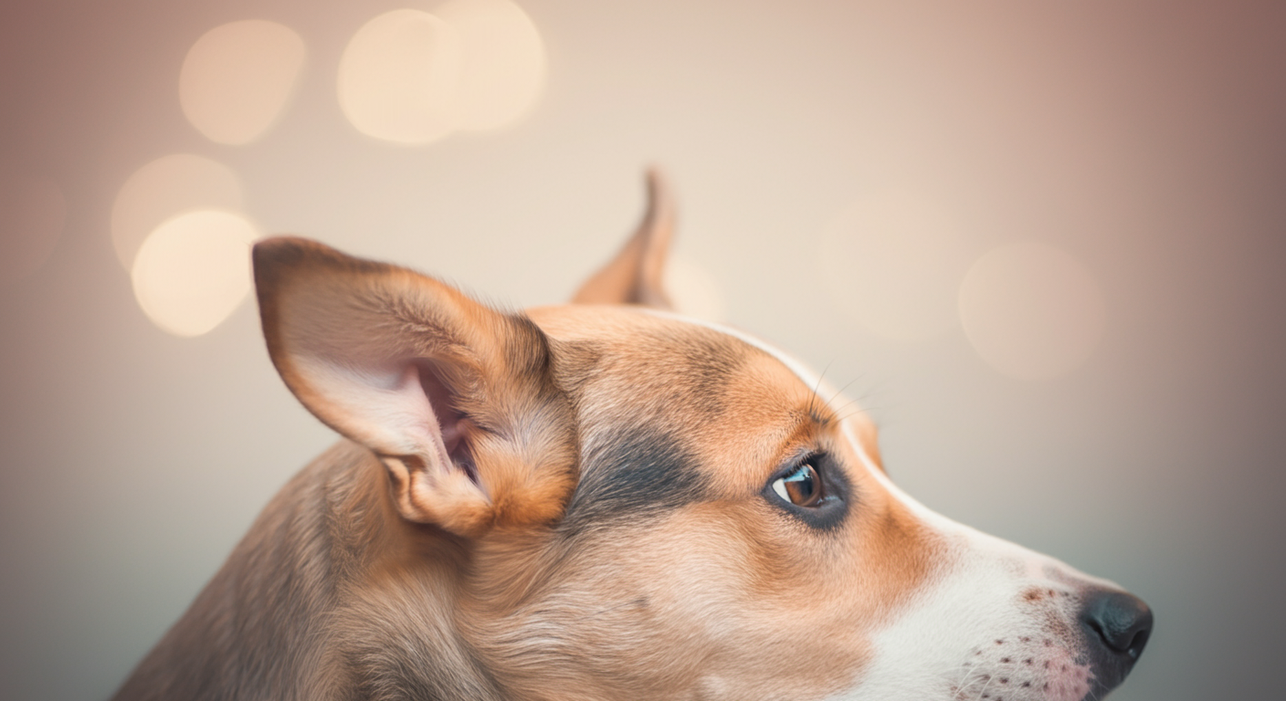 犬の耳のクローズアップ写真。耳が少し傾いており、何かを注意深く聞いている様子。ピントは耳に合っており、他の部分は優しくぼかされている。