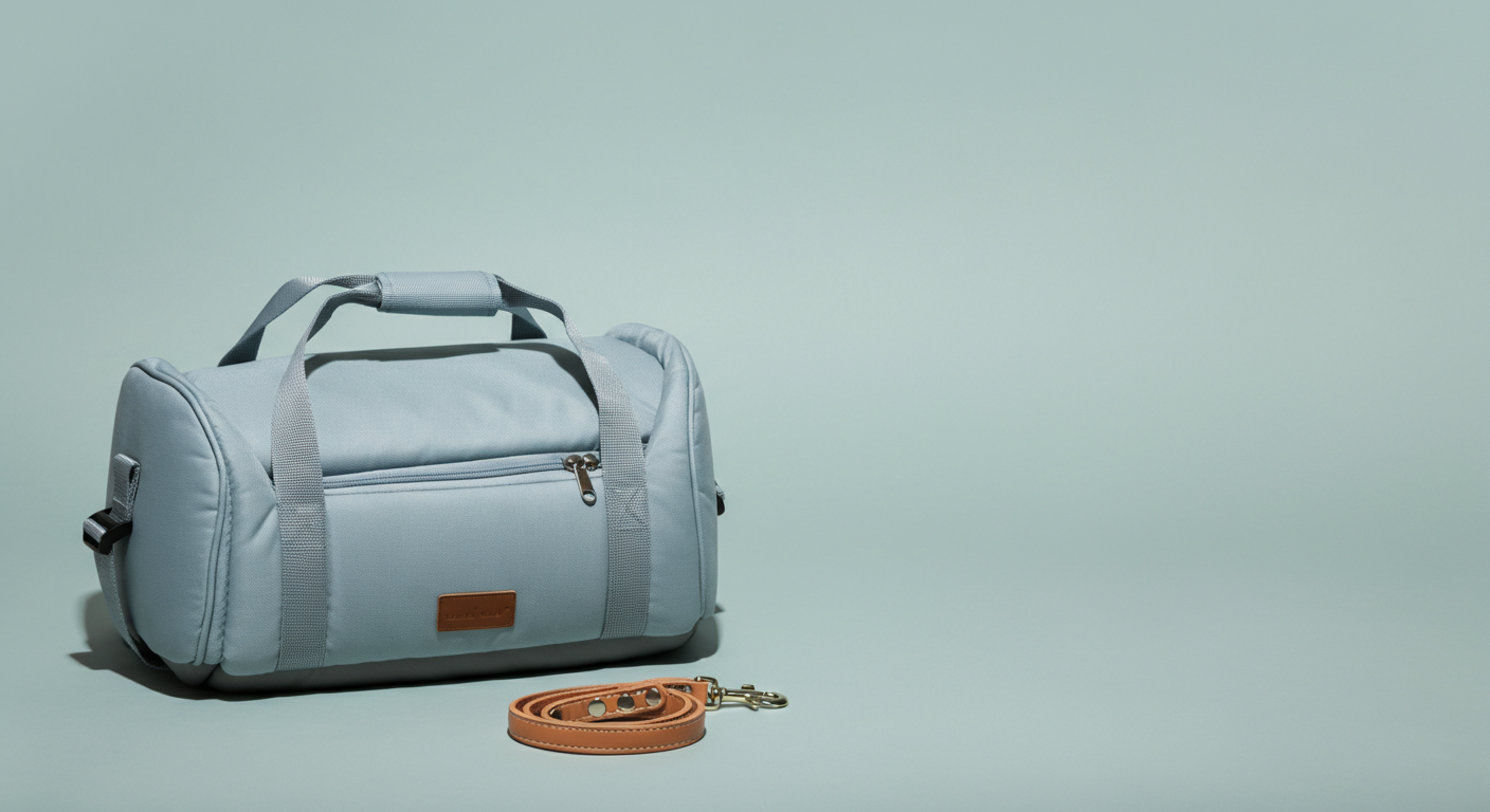 パステルブルーのおしゃれなソフトクレートが、きれいに折り畳まれている。その横にはスタイリッシュなリードが置かれ、持ち運びやすさを強調している。