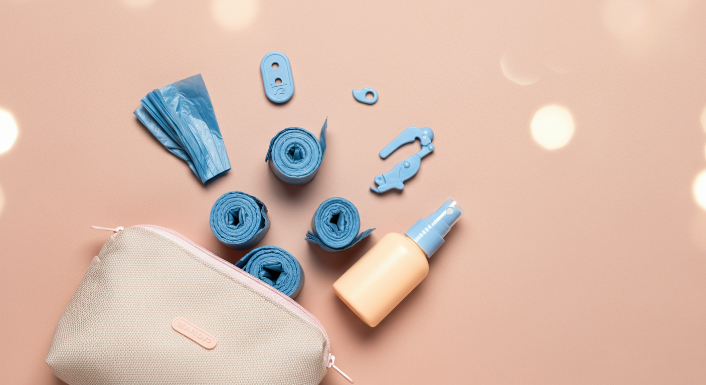 マナーポーチから、うんち袋、携帯スプレー、ウェットティッシュがきれいに並べられている。