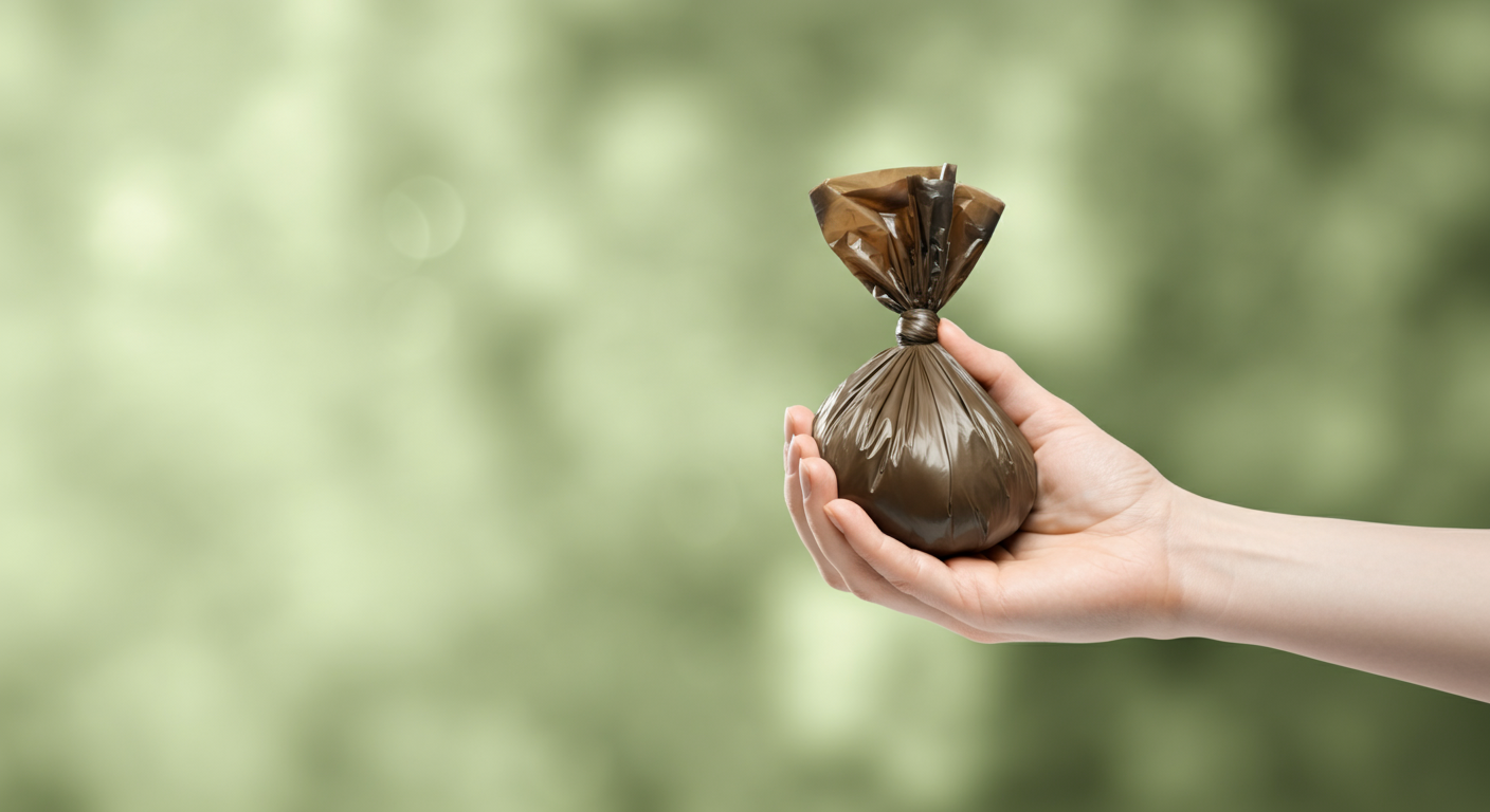 使用済みの犬のフン処理袋をきちんと結んで持っている手。