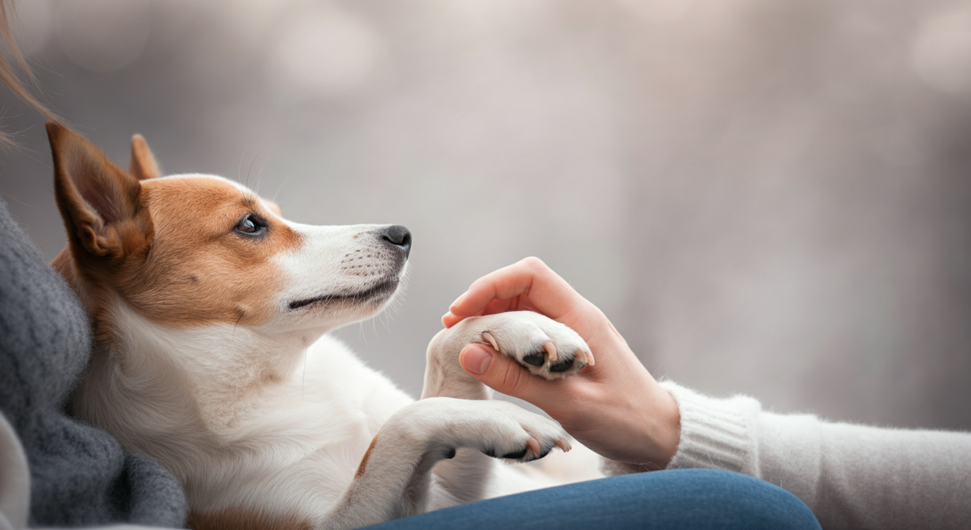 飼い主の膝の上でリラックスしながら、優しく前足を触られている犬の写真。