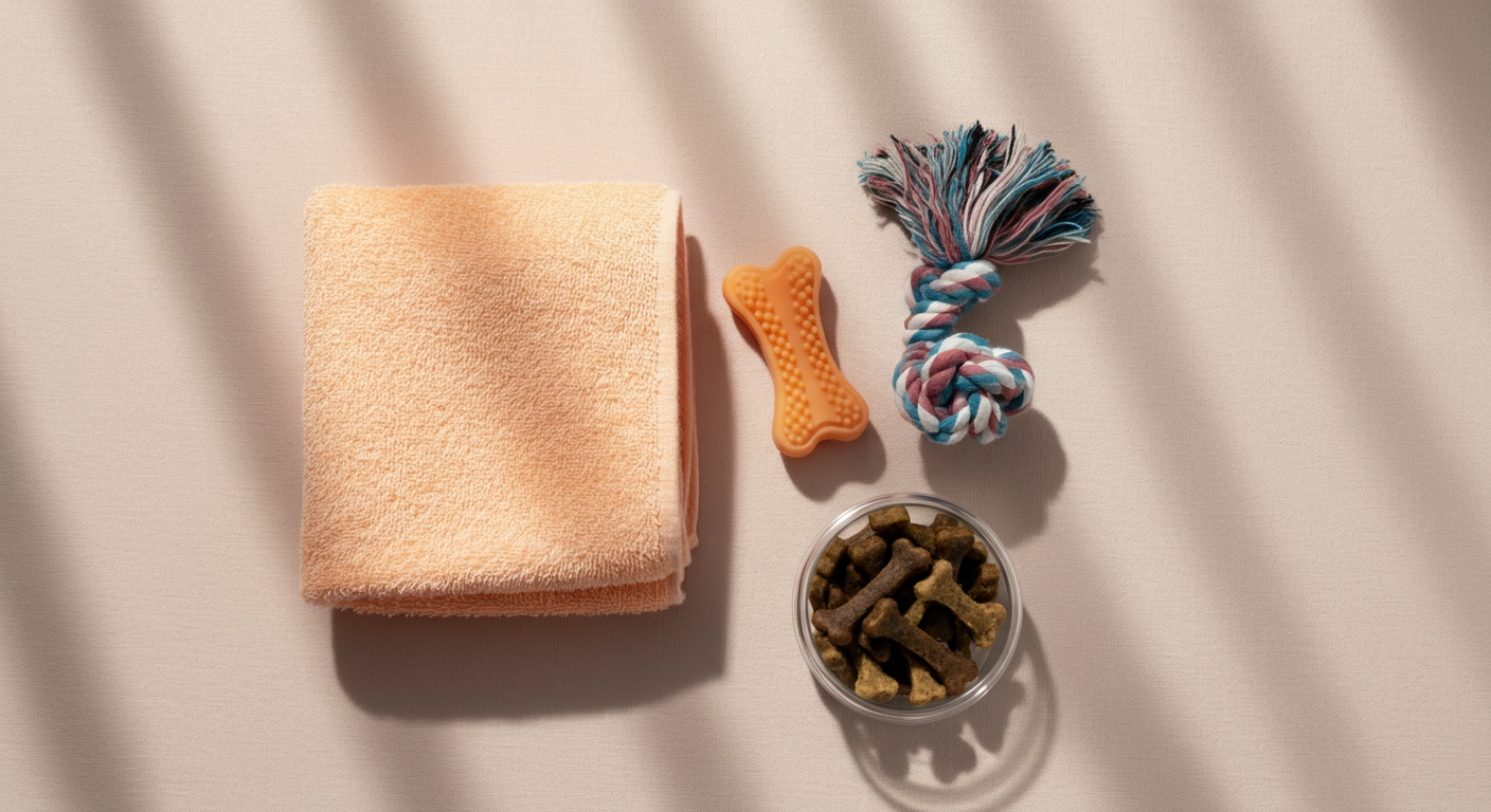 タオル、おもちゃ、おやつが綺麗に並べられた俯瞰写真。