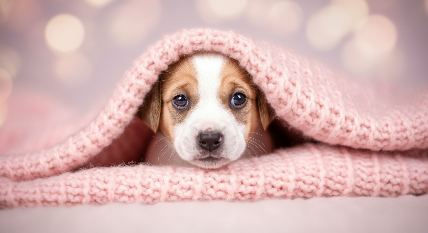 パステルピンクの柔らかなブランケットから顔をのぞかせる子犬