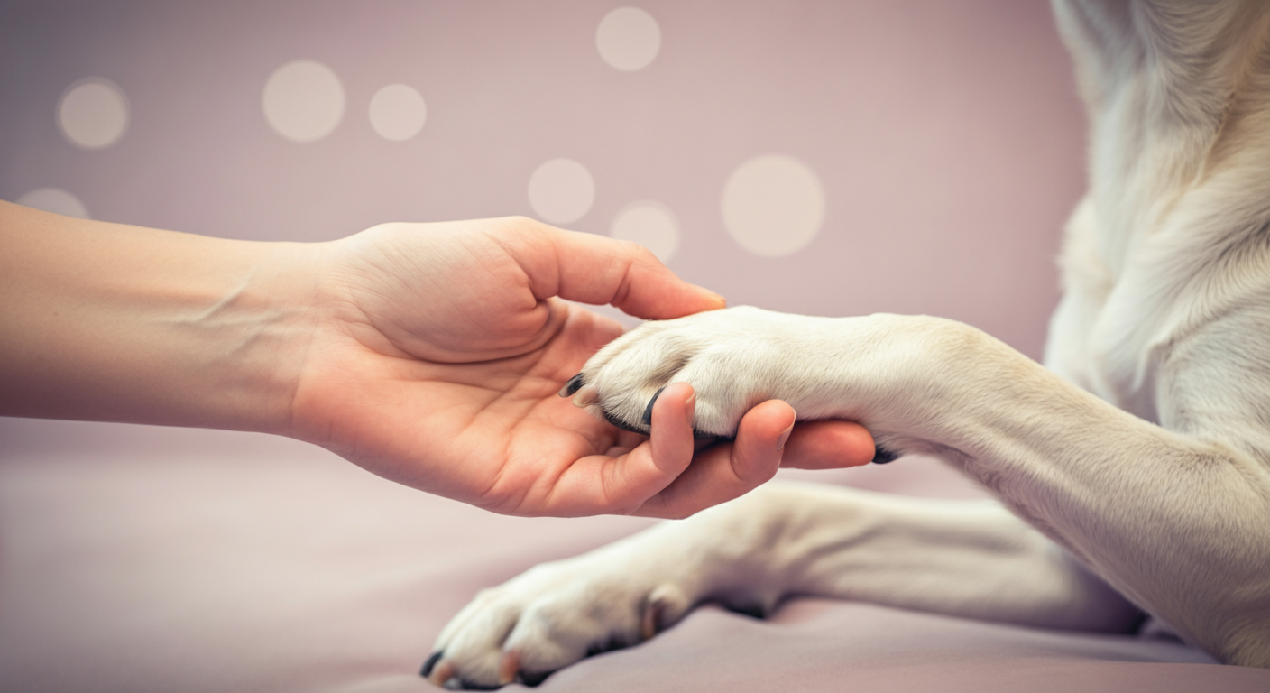 シニア犬の前足を優しく握る人の手のクローズアップ。