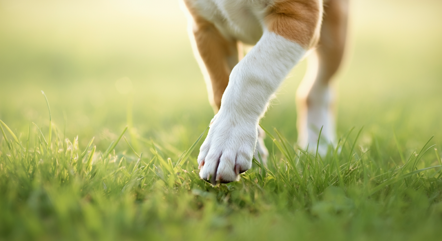 朝日を浴びて、これから走り出そうとしている犬の足元のクローズアップ写真。