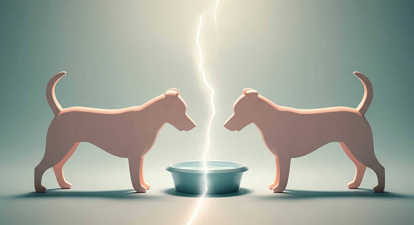 一つの水飲みボウルを挟んで対峙する2匹の犬を抽象的に表現した画像