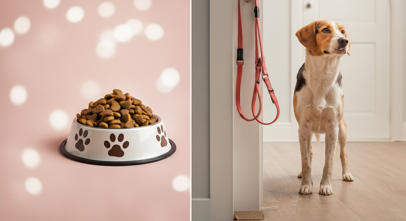 左側にフードが入ったボウル、右側にドアにかかったリードが写っている分割画面の写真。食事と外出の間の時間的な間隔を象徴している。